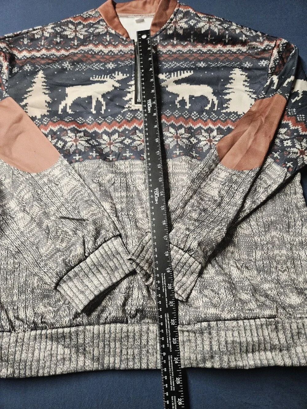 Fair Isle Zip Pullover with Reindeer & Elbow Patches - Navy, Cream & Rust